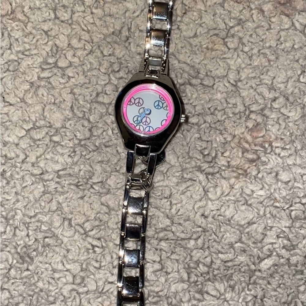 Silver Watch with Peace Sign Design